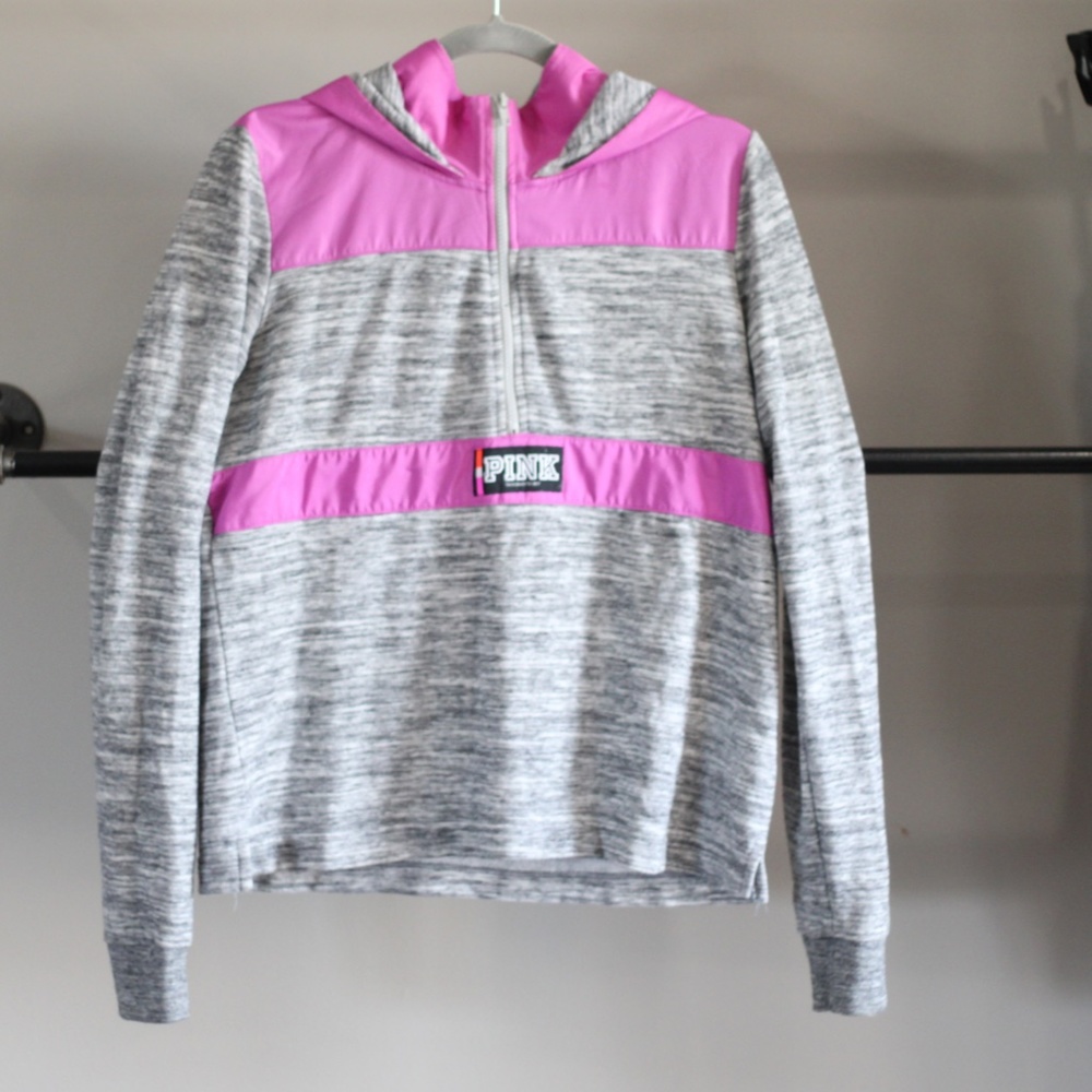 Pink brand grey and pink hooded half zip pullover, size Medium